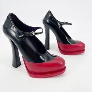 Prada Runway 2012 Black Leather Red Rubber Cap Toe Mary Jane Heel size IT 39